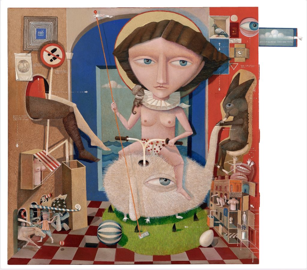 Snezana Petrovic, Lov na strahove od sutra,(2025) ulje na drvetu, 80x78cm