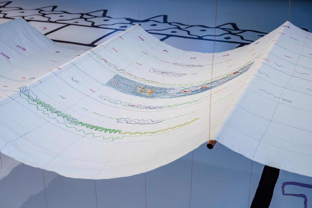Tanja Ostojić - Izmenjena vodom, Vezeni kalendar menopauze i plivanja, 2024-26, instalacija. Detalj sa izložbe Forgive Us Our Trespasses, HKW, Berlin, 2