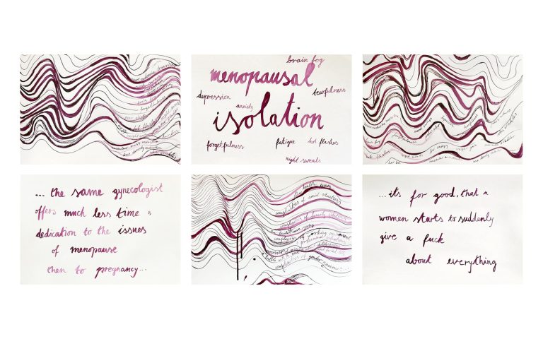 Tanja Ostojić “Simptomi menopauze (2024), serija crteža, 42 x 30 cm (x 30), deo “Izmenjena vodom” serije crteža i istoimenog projekta. Fotografija ljubaznošću Tanje