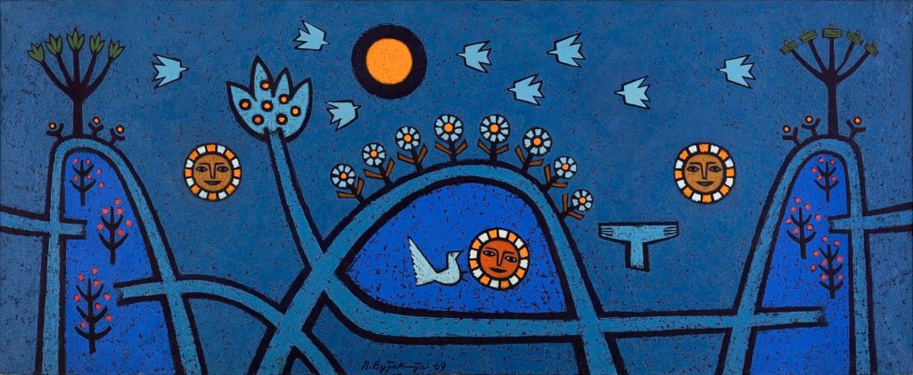 Lazar Vujaklija, Jugoslavija (studija), 1969, ulje na platnu, 65,5 × 160 cm, Muzej savremene umetnosti Beograd