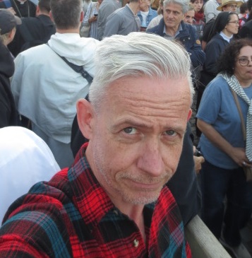 Neil Young in St Peter's Square, Vatican City, shortly after the first public speech by Pope Leo