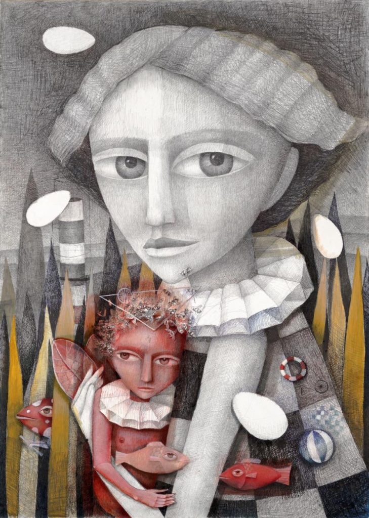 Snežana Petrović - U naručju - olovka, tuš¡, tempera na papiru - 140 x 100 cm - 2017