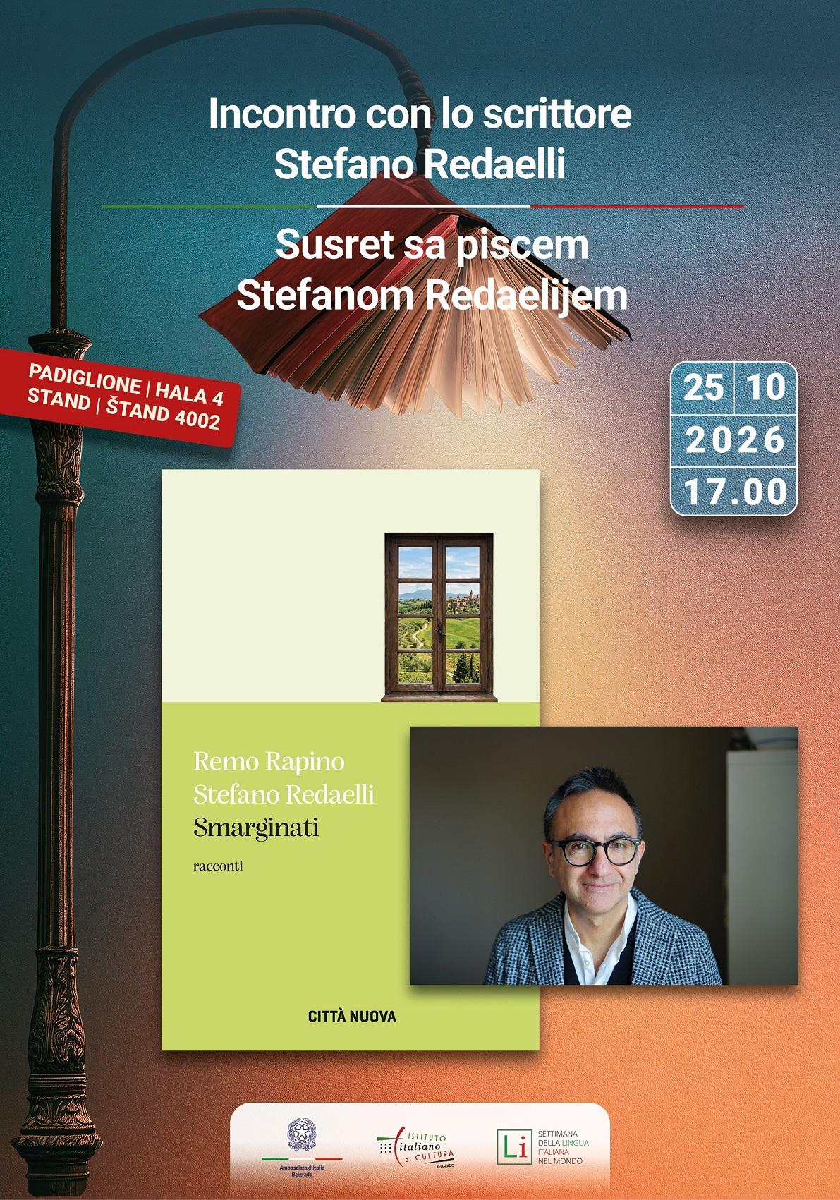 Susret sa piscem Stefanom Redaelijem na štandu Italijanskog instituta za kulturu na Beogradskom sajmu knjiga